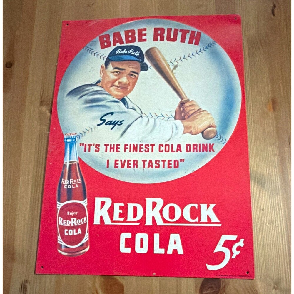 Vintage 1991 Babe Ruth Red Rock Cola 5¢ Metal Tin Sign Desperate Sign Co 16”